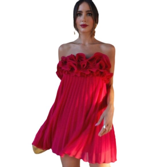 Zara Dresses & Skirts - Zara Red Raspberry Strapless Ruffled Pleated Back Zip Mini Dress Size Small